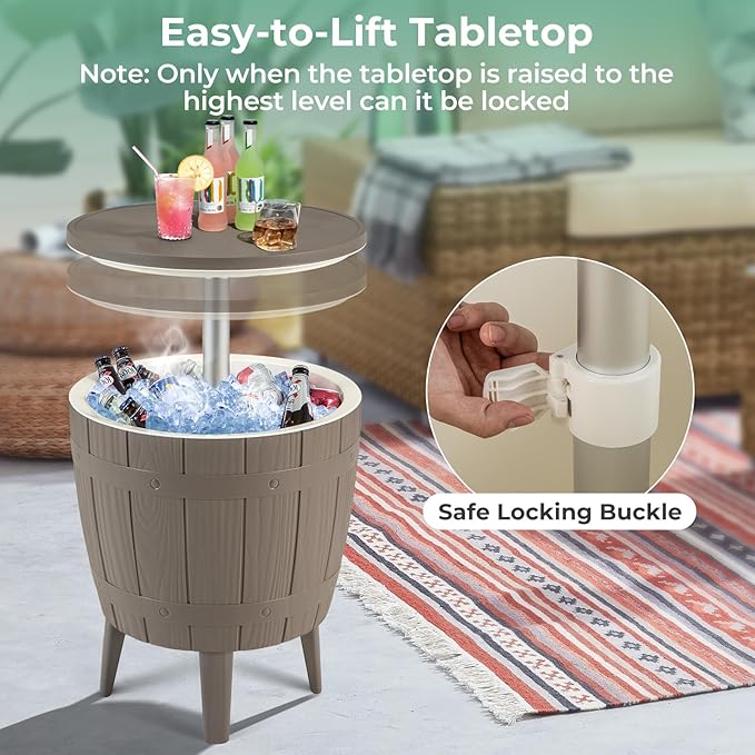 10 Gallon Cooler Table, Cool Bar Table with Height Adjustable Tabletop & Drainage Plug, 3-in-1 Cocktail Drinks & Wine, Outdoor Cooler Side Table for Backyard, Party, Poolside (Brown)