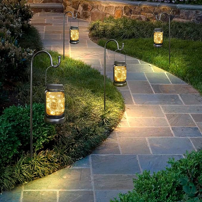 4 Pack Solar Mason Jar Hanging Lantern with Stakes, Warm White | Solar Fairy String Lights, Vintage Glass Lamp, Waterproof, Bright, for Indoor Outdoor Halloween Garden Patio Pathway Yard