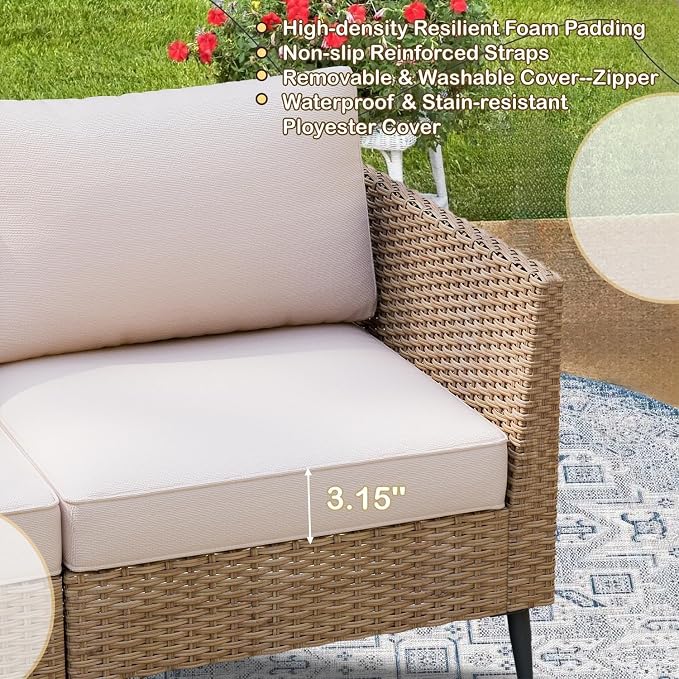 7 Piece Outdoor Patio Furniture Set, All Weather PE Rattan Sectional Sofa with Cushions and Table, Wicker Patio Conversation Couch Set for Garden Poolside Backyard Lounge(Green)