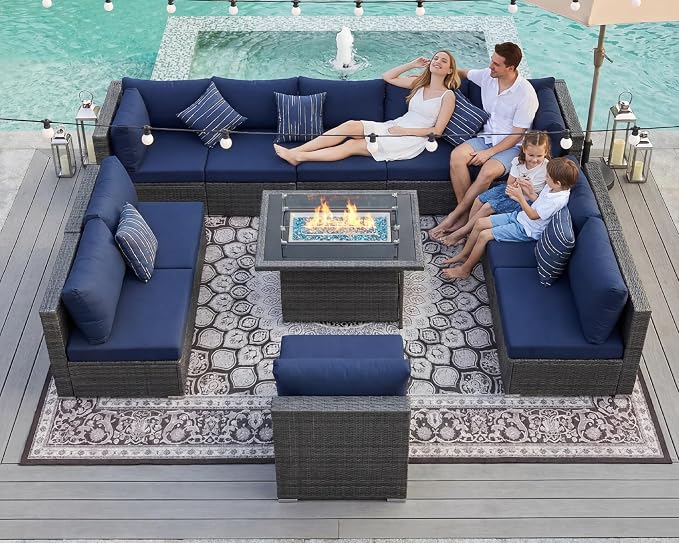 BULEXYARD 11 Piece High Back Patio Furniture Set with Fire Pit Table, Extra Deep Wide Seat Outdoor Sectional Sofa, All-Weather Wicker Modular Conversation Couch 10-Seats for Deck, Grey & Navy Blue
