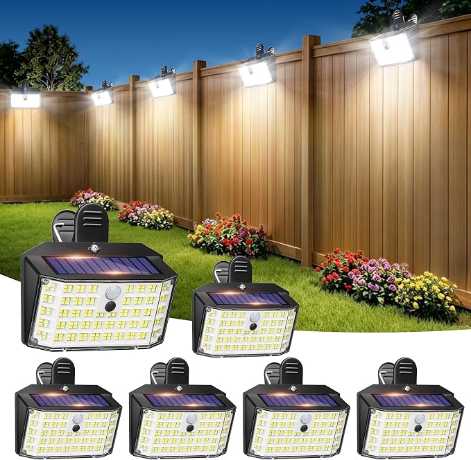 LUHLEE 176LED Clip on Solar Lights Outdoor, 600LM Solar Motion Lights Outdoor with 180° Wide Angle, IP65 Waterproof Portable Solar Fence Lights Outdoor for Fence, Gutter, Garden, Camping, Patio 6Pack