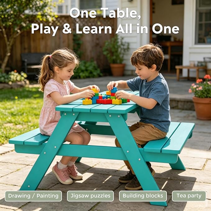 WestinTrends Malibu Outdoor Patio and Indoor Kids HDPE Plastic Picnic Bench Table, Turquoise