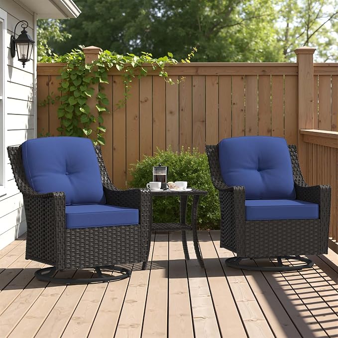 3 Pieces Patio Swivel Chairs & Side Table, PE Rattan Patio Chairs with Water-Resistant Cushion for Porch Outdoor Wicker Furniture Set (Blue, 3 PCS - Swivel Chair & Table)