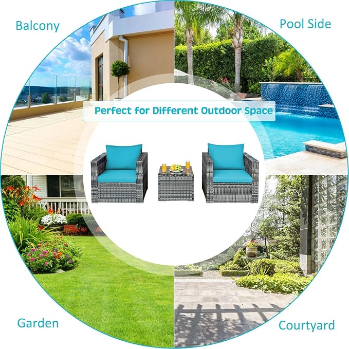 MARURY 3 PC Patio Rattan Furniture Bistro Set Outdoor Furniture Modern Conversation Set with Loveseat and Coffee Table, for Porch, Garden, Balcony