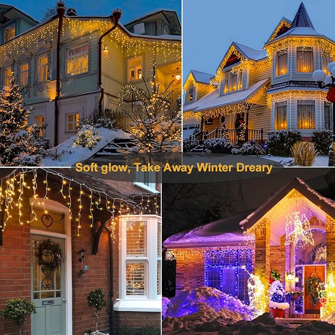 Warm White Christmas Lights Outdoor Icicle Lights for Outside 66ft 640 LEDs | Twinkle String Lights with Connectable Clear Wire 8 Modes Timer Plug in Waterproof for House Eaves Yard Party Holiday Decor