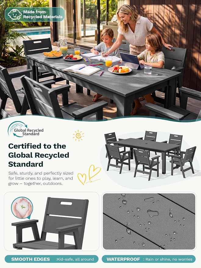 SERWALL 7 Piece HDPE Patio Dining Set, 76 Inch Outdoor Dining Table with 6 Chairs, All Weather Resistant Heavy Duty Outdoor Furniture with Umbrella Hole for Garden Backyard Deck, Gray