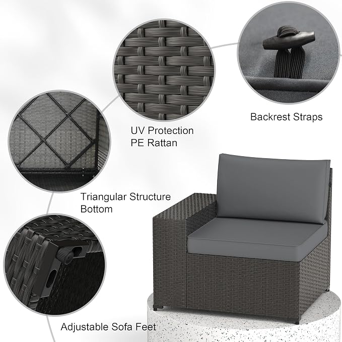 Patio Furniture Set, 6PCS Patio Sectional with Ottoman Wicker Rattan Outdoor Furniture with Thickened Cushion Modular Wicker Patio Conversation Set with Glass Top Table for Balcony, Backyard(Grey)