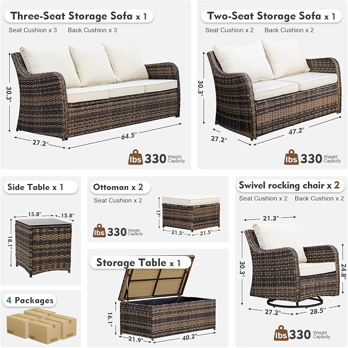MEISSALIVVE Patio Furniture Set with Swivel Rocking Chairs, 8 Pieces Patio Conversation Set, Outdoor Wicker Sofa Couch with Waterproof Cushions for Lawn Backyard Porch (Brown)