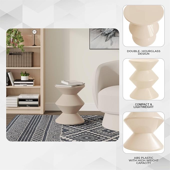 LeisureMod Aura Collection Modern Round Side Table - Ivory ABS Plastic Double-Hourglass Pedestal - No Assembly Weatherproof Accent Furniture for Living Room, Patio & Outdoor Decor