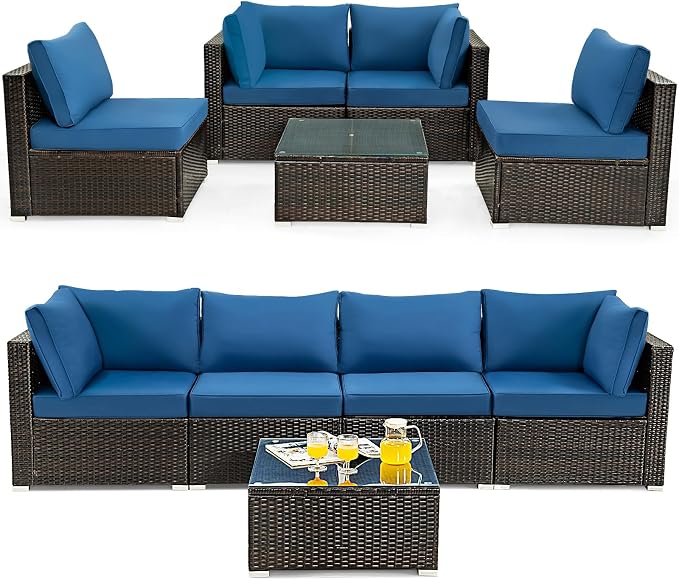 DORTALA 5 Pieces Patio Furniture Set, Outdoor Rattan L-Shaped Corner Sofa Set with Cushions, Coffee Table, Patio Sectional Conversation Set for Backyard Porch Garden Poolside, Navy