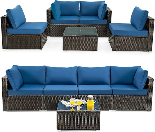 DORTALA 5 Pieces Patio Furniture Set, Outdoor Rattan L-Shaped Corner Sofa Set with Cushions, Coffee Table, Patio Sectional Conversation Set for Backyard Porch Garden Poolside, Navy