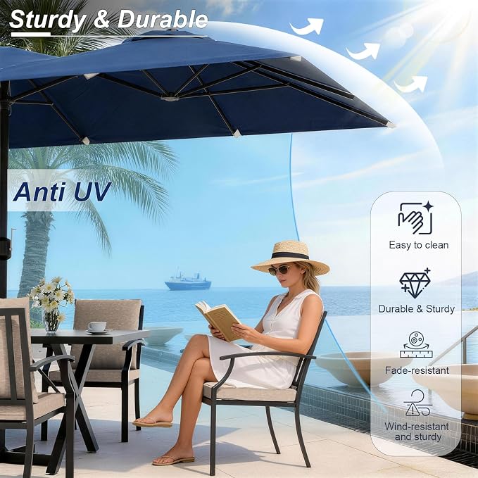 Patio Dining Set for 8 with 13.6ft Double-Sided Patio Umbrella,Outdoor Dining Set of 4 Metal Chairs and 2 Swivel Chairs with Umbrella Hole Table for Backyard,Garden,and Poolside(Brown)
