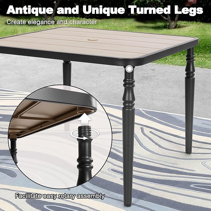 NUU GARDEN 5-Piece Outdoor Dining Set for 4, Metal Square Table with Umbrella Hole and Wood-Grain Top with 4 Patio Swivel Rocking Textilene Chairs for Porch Backyard Garden Poolside Black Brown