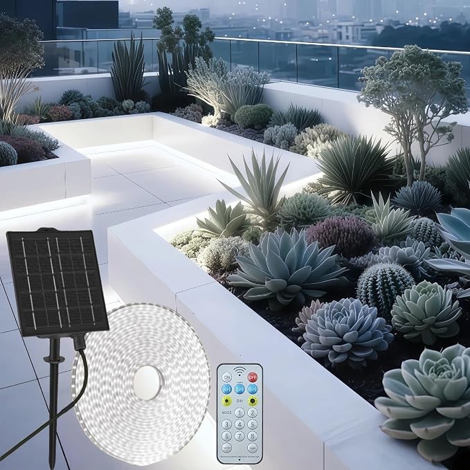 Gaoxun 32.8ft Solar LED Strip Lights Outdoor, 640 LED, Cool White Flexible Rope Light with Remote Control, Dimmable, 8 Modes, IP68 Waterproof Self-Adhesive Accent Lighting for Patio Pool Stair Decor