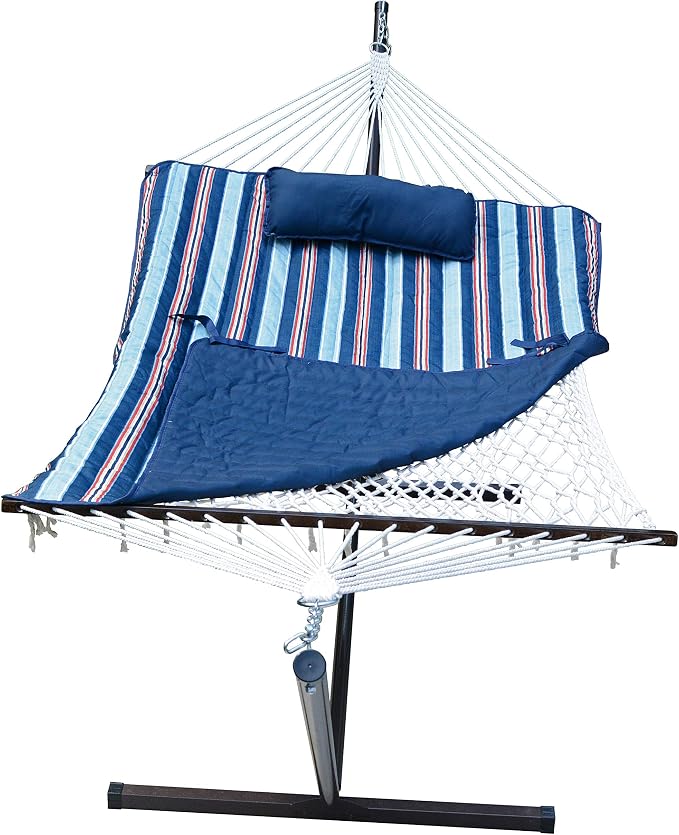 12 Foot Steel Hammock Stand with Cotton Rope Hammock Combo, Quilted Polyester Hammock Pad and Pillow Kingston Stripe