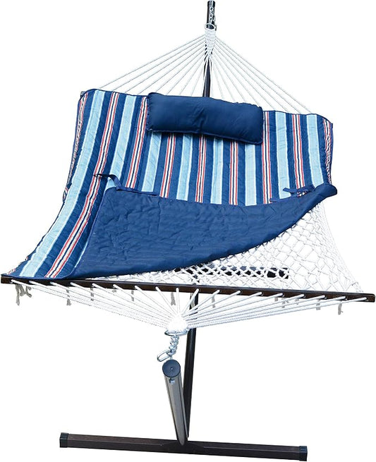 12 Foot Steel Hammock Stand with Cotton Rope Hammock Combo, Quilted Polyester Hammock Pad and Pillow Kingston Stripe