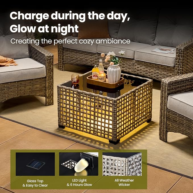 4 Piece Patio Furniture Set with Solar Light Coffee Table, Heavy Duty Wicker High Back Sofa Chairs with Thick Cushion, Small Outdoor Conversation Sets for Backyard Garden Porch, Grey