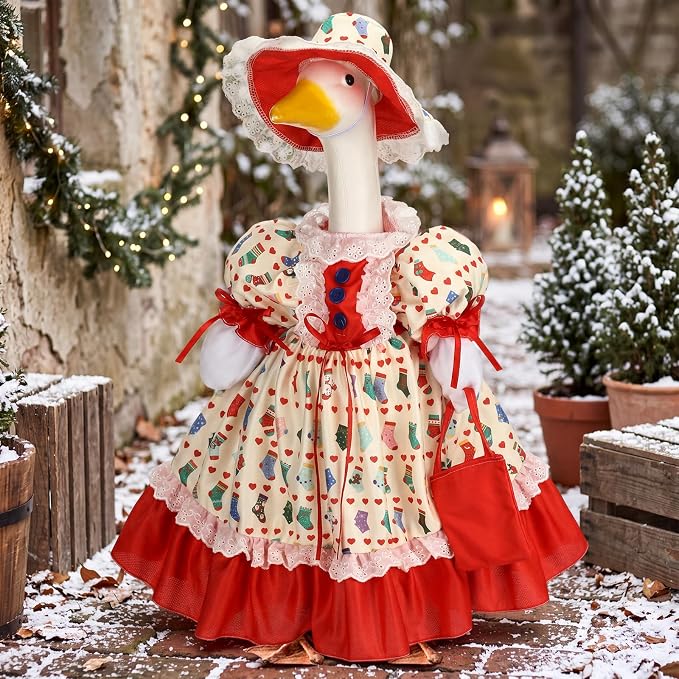 Suzile Christmas Porch Goose Outfit Holiday Geese Costume for 23" High Cement or Plastic Goose Clothes for Yard Lawn Outdoor Garden Patio Duck Statue Christmas Sock Dresses Winter Santa Party Decor