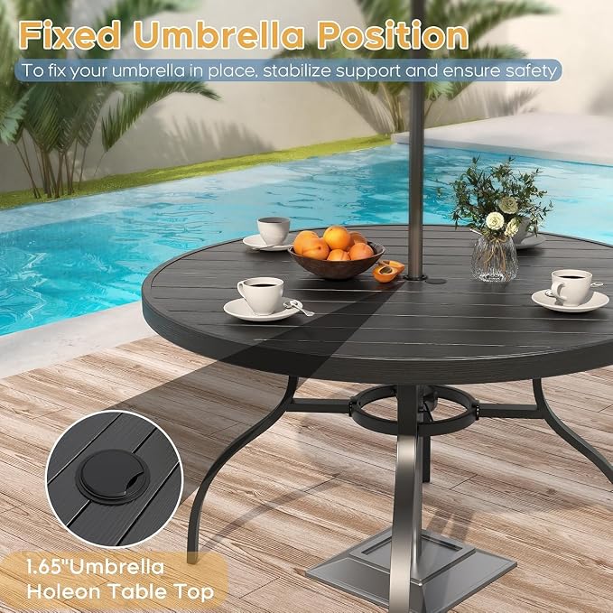 47" Round Faux Wood Patio Table with Umbrella Hole – Realistic Wood Grain Slat Top, Rust-Resistant Metal Legs, Outdoor Dining Table for 6 for Patio Deck Backyard, Black