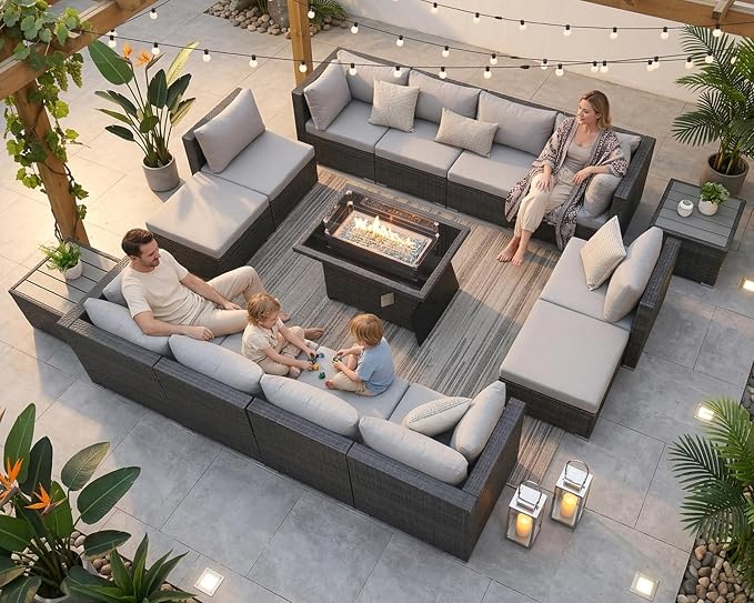NICESOUL 15 Piece Outdoor Furniture with Fire Pit, Gray Wicker Patio Sectional with Fire Pit Table, Modular 29.3" Highback Large Size Sectional Sofa for Outside Pool Backyard, Light Gray