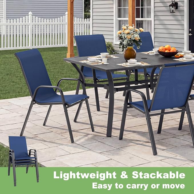 Outdoor Dining Set for 6, Patio Metal Table and Chairs Set with 1.97'' Umbrella Hole, 7pcs Patio Furniture Set 63”x37.8” Dining Table Set with Stackable Chairs for Backyard Pool Deck