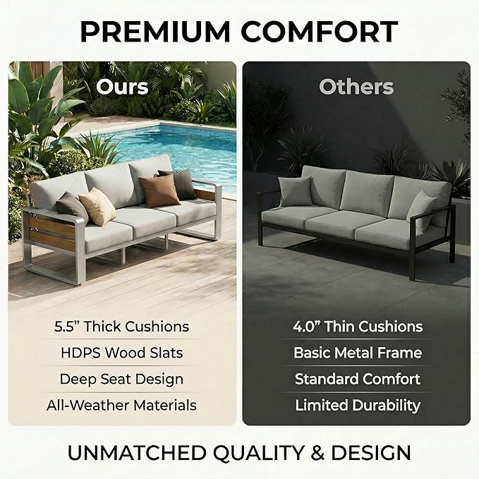 ZANDOR Aluminum Outdoor Patio Furniture Set with Table,5 Seat, Silver | Rustproof,High weight capacity,Water-repellent,Washable Cover,All-Weather Resistant,Easy clean,for Poolside Backyard Deck