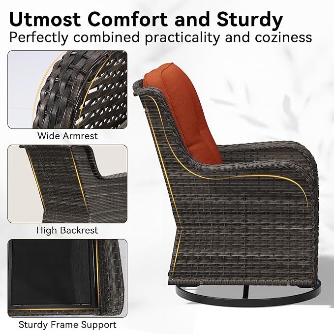 5 Piece Outdoor Wicker Patio Furniture Set, Outdoor Swivel Rocker Patio Chairs Set with Thickened Olefin Cushions, High Back and Deep Seating, Hand-Woven PE Rattan for Porch, Deck