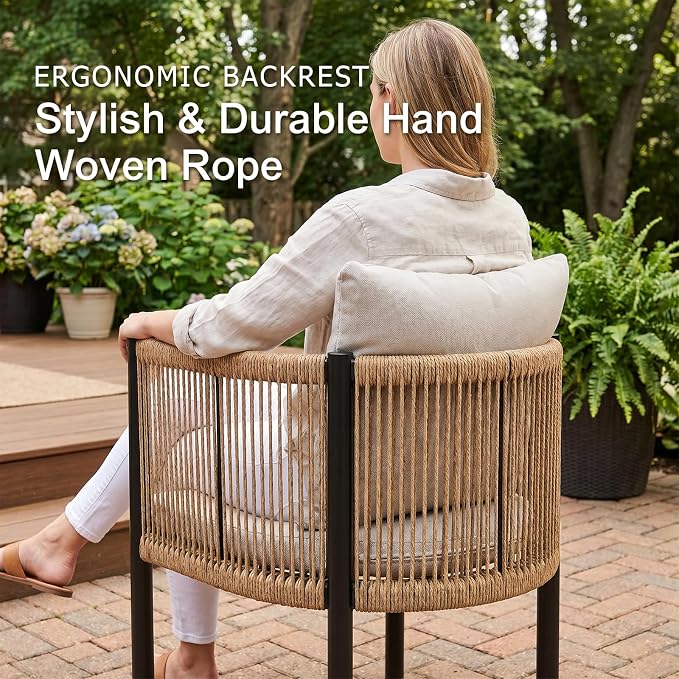 SUNSITT 5 Piece Outdoor Patio Dining Set, Patio Dining Furniture Set with 70” Metal Dining Table w/WPC Tabletop and 4 Patio Woven Rattan Chairs w/Curved Armrest for Garden, Beige