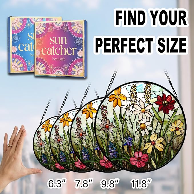 Birthday Gifts for Women - Wildflowers Faux Stained Glass Window Hanging Sun Catcher for Door Garden Acrylic Decor Mother's Day Christmas for Mom Nana Grandma Sisters Wife 11.8"