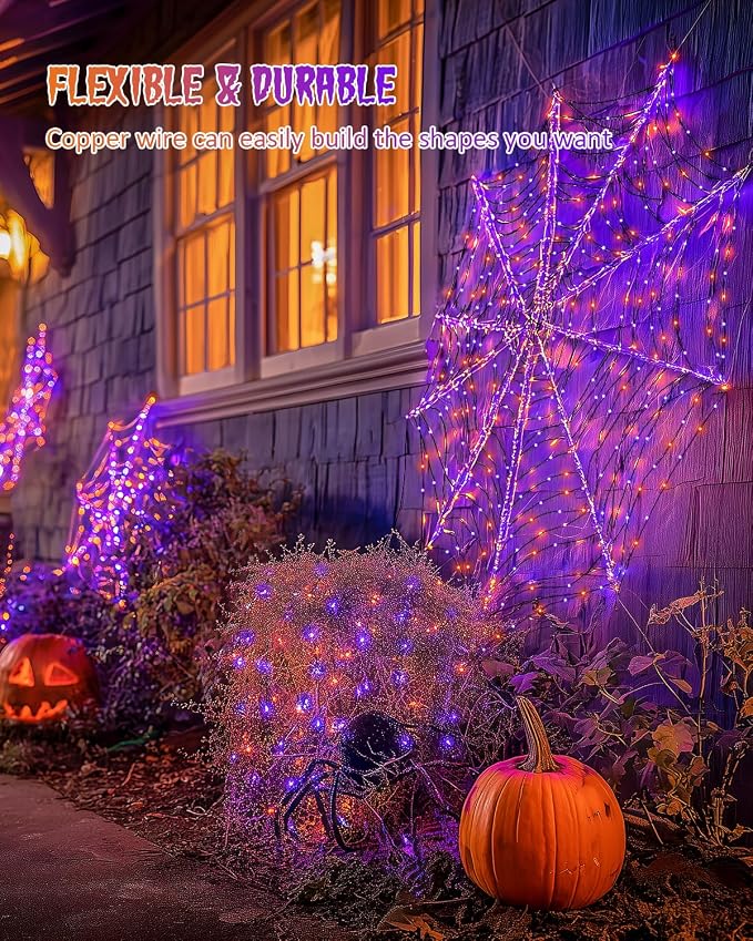 JMEXSUSS Solar Halloween Lights Orange and Purple, 2 Pack Total 200LED 66FT | Outdoor Waterproof, 8 Mode Black Wire Solar Fairy String Lights for Outside Yard Patio Garden Spooky Party Decorations
