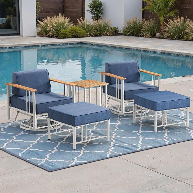 Luxury Patio Swivel Chairs with 6" Extra Thick Cushions, Outdoor Furniture Set with Ottomans and Side Table, Swivel Outdoor Chairs for Porch, Balcony, Deck, Patio, Yard, Poolside, White/Blue