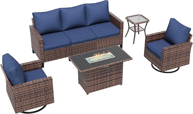 Amopatio Patio Furniture Set with Fire Pit Table, Wicker Outdoor Sectional Sofa with Swivel Rocker Chairs, All-Weather Rattan Conversation Set, Waterproof Cover for Backyard, Deck Brown/Navy 5 PCS
