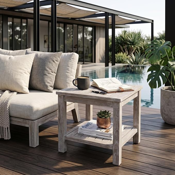 Hives & Honey Pavilion Outdoor Teak Side Table, Square 2-Tier Patio Table, Solid Grade-A Teak Wood for Deck, Porch, Balcony – Whitewash