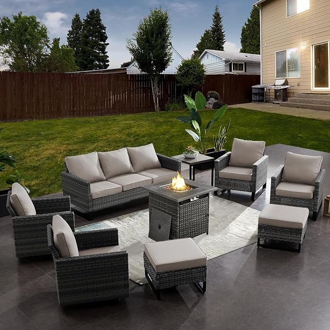 Belord Patio Furniture Set with Fire Pit Table: 9 Pieces Wicker Oversize Patio Conversation Set with Outdoor Swivel Glider Rocker Rattan Couch Ottomans, Anti-Rust Frame, Removable Cushion Beige