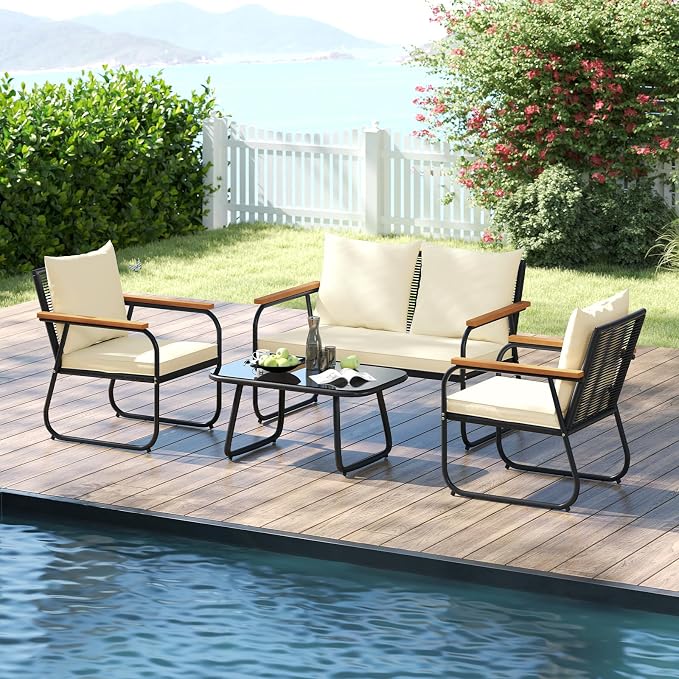 Tangkula 8 Pieces Wicker Patio Furniture Set, Outdoor Conversation Set with Tempered Glass Coffee Table, Rattan Cushioned Chairs with Acacia Wood Armrests for Garden, Yard and Poolside (Off White,4)