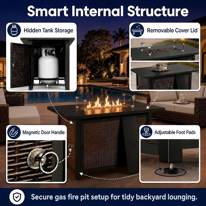 HUMMUH 5-Piece Patio Furniture Set, Fire Pit and Swivel Rocker Chairs | 50000 btu auto-ignition fire pit, 360 degree swivel gliding mechanism, 4 inch thick sponge cushions