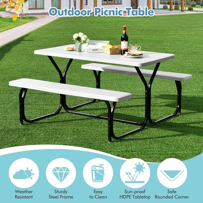 MEDIMALL Picnic Table, Portable Picnic Tables with Benches, Plastics Picnic Table Bench Set with Metal Frame & All Weather Tabletop, Large Camping Picnic Table for Outdoors, Backyard, Garden (White)