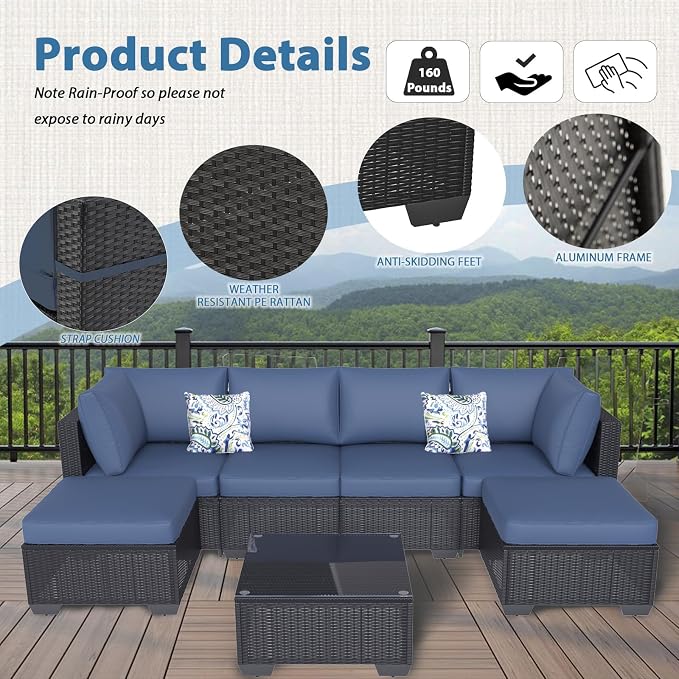 AECOJOY 7 Piece Outdoor Patio Furniture Set, Outdoor Sectional Conversation Furniture Chair with Coffee Table, Patio Sectional for Backyard, Garden(Navy Cushions and Black Rattan, with Cover)