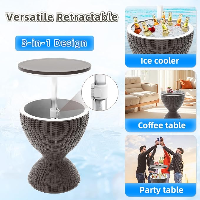 Patio Cool Bar Table, Height-Adjustable Outdoor Bar Tables 8 Gallon Beer and Wine Cooler, 3-in-1 Rattan Style Ice Cooler with Drainage Plug for Pool Party (Grey)
