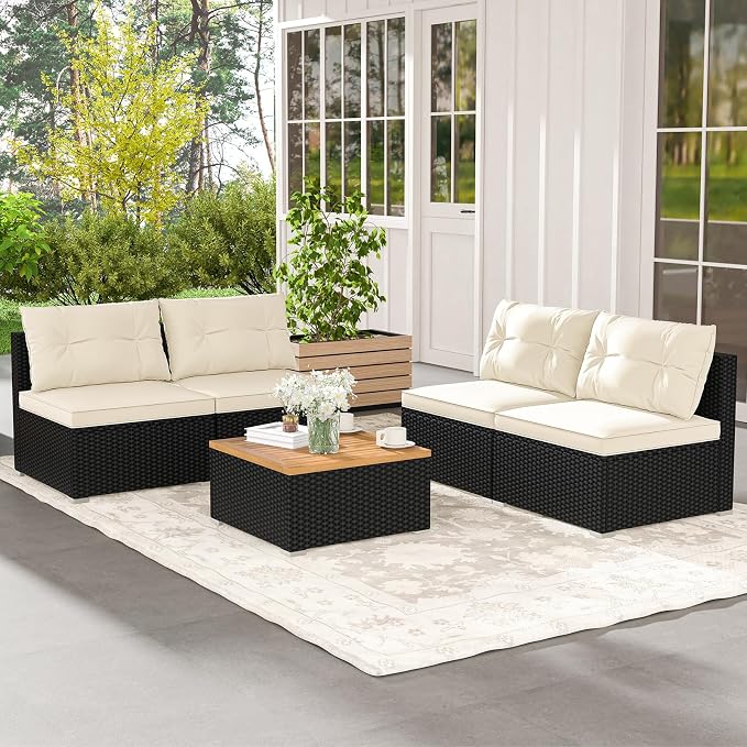 RELAX4LIFE 5-Piece Wicker Outdoor Furniture - PE Rattan Sectional Conversation Set w/4 Armless Sofas & Acacia Wood Coffee Table, Cushioned Patio Sofa Set for Garden Poolside Backyard Porch (Off White)