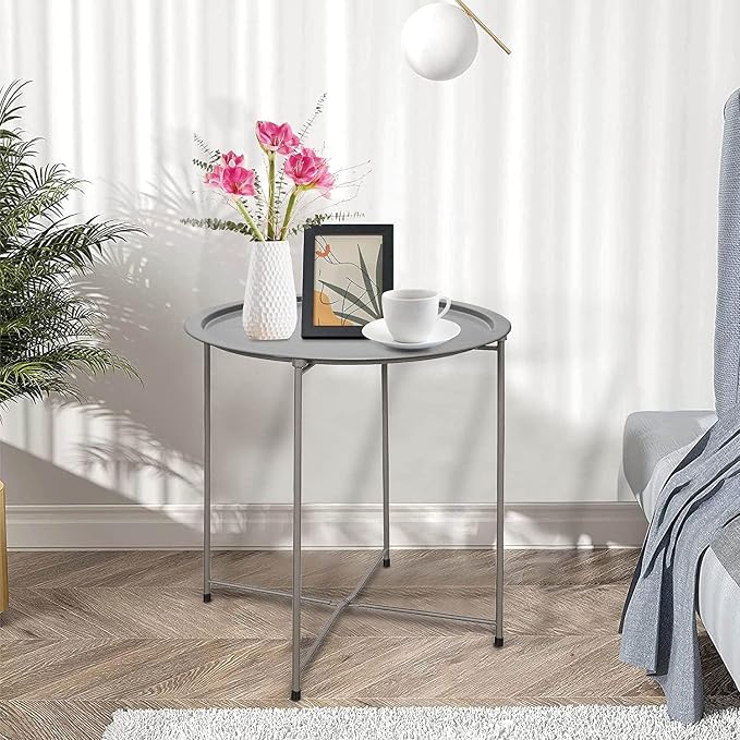 Garden 4 you Folding Tray Metal Side Table 2PC Grey Round End Table Cyan Sofa Small Accent Fold-able Table, Round End Table Tray, Next to Sofa Table, Snack Table for Living Room and Bed Room