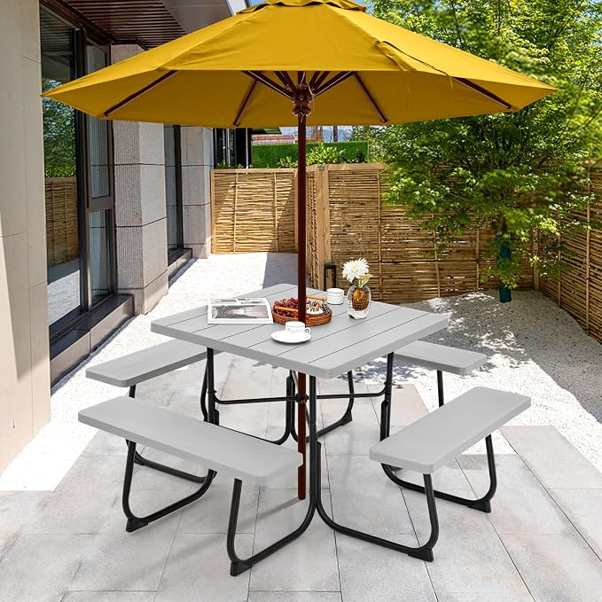Square Picnic Table for 8 Person, Outside Table Bench Set w/ 4 Built-in Benches, Umbrella Hole, HDPE Top & Metal Frame, 2000LBS Capacity Outdoor Picnic Table for Garden, Porch, Patio (Grey)
