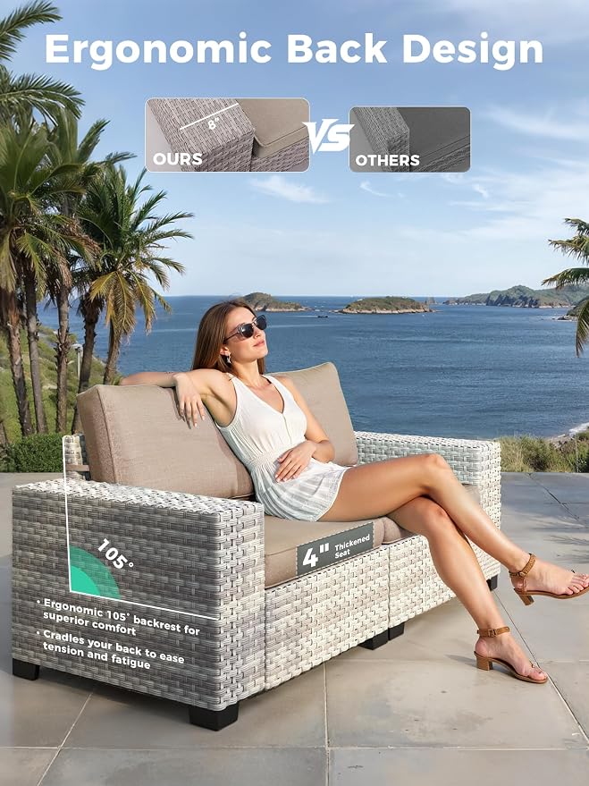 15 Piece Outdoor Wicker Sectional Sofa Set with Swivel Chairs, 12-Seats with 4" Thickened Cushions & Coffee Table, All-Weather PE Rattan for Garden, Backyard, Porch, Beige