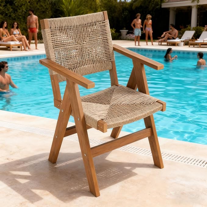 Patio Outdoor Chair, Dining Chair, Durable HIPS Material, Ergonomic Design, Mesh Chair for Patio, Gardens, Pool, Camping ect.（Teak Color）