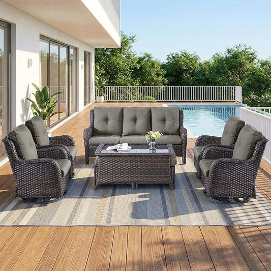 8 Piece High Back Wicker Patio Furniture Set - Patio Conversation Set with 4 Inch Thick Cushions and Deep Seating Swivel Glider Chairs Set of 4 & Outdoor Couch for Porch Deck Yard Pool