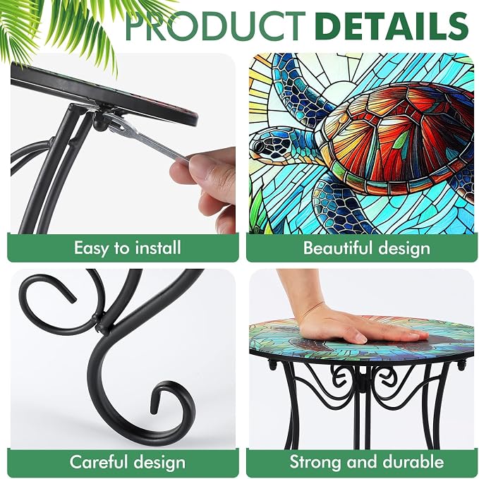Geelin 14 Inch Small Outdoor Patio Side Table Turtles Round Mosaic Side Table Accent Indoor End Plant Metal Coffee Tea Furniture for Yard Porch Garden Living Room Bedroom(Turtles)