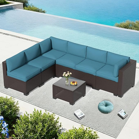 YLGJ&TIDY 7-Piece Outdoor Sectional Patio Furniture Set, All-Weather Wicker Rattan Sofa w/Thick Washable Cushions & Tempered Glass Table, Perfect for Garden, Poolside, Backyard (7, Peacock Blue)