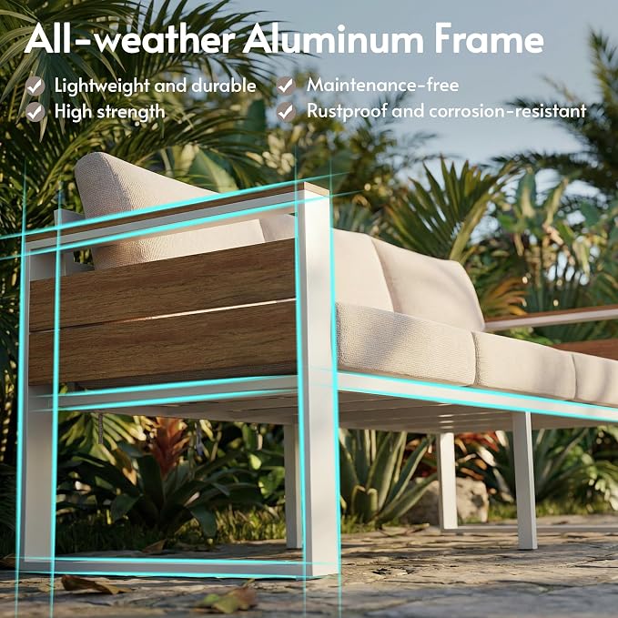 ENSTVER Aluminum Patio Furniture Sets, 7-Seat Outdoor Sofa with Premium Olefin Fabric Cushions & Zero-Maintenance Frame, Patio Sectional Conversation Set for Poolside, Garden