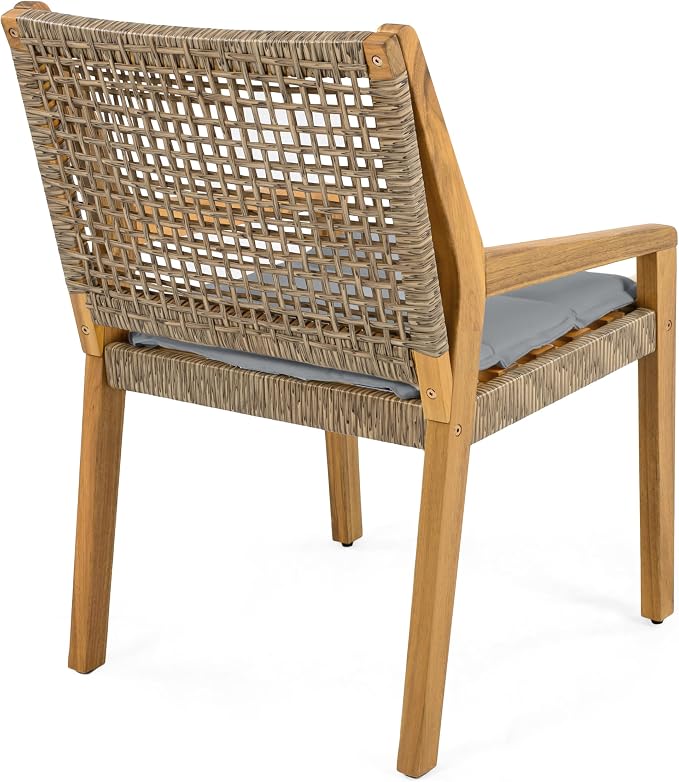Christopher Knight Home Verle Wooden Patio Dining Set for 4, Acacia Wood Outdoor Dining Table Set for 4, 5 Piece Outdoor Dining Set with Round Table and Armchair with Seat Cushion, Teak+Grey