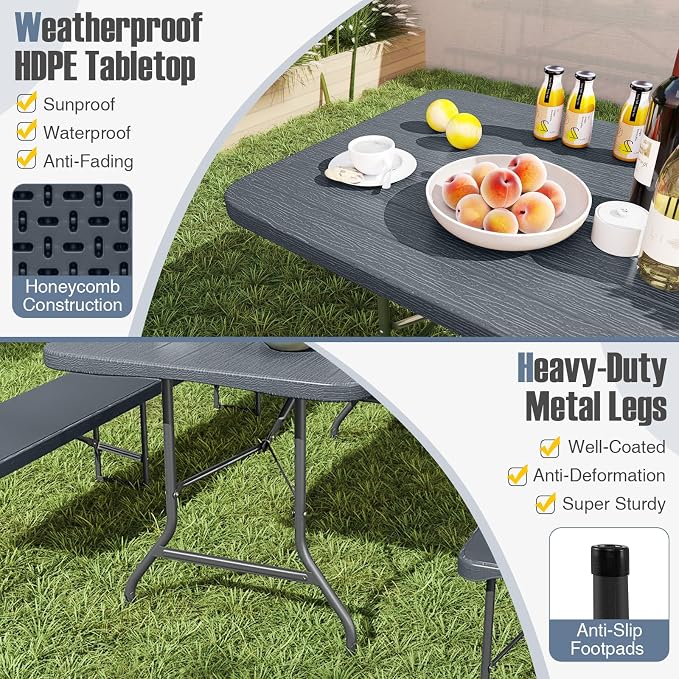 Goplus 6 FT 3-Piece Portable Picnic Table Bench Set, HDPE Wood-Like Plastic Folding Picnic Tables with Benches, Foldable Patio Camping Beer Table, Indoor & Outdoor Folding Table and Chairs